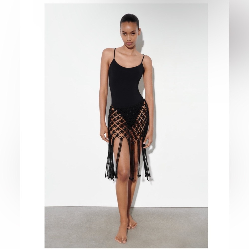 Zara swimwear Fringed crochet beaded appliqué detail Black Skirt cover up sz.S